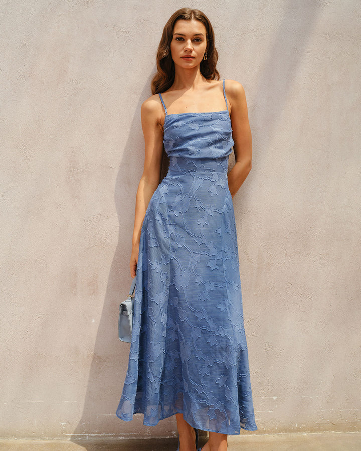 SALE | Blue Jacquard Ruched Slip Maxi Dress