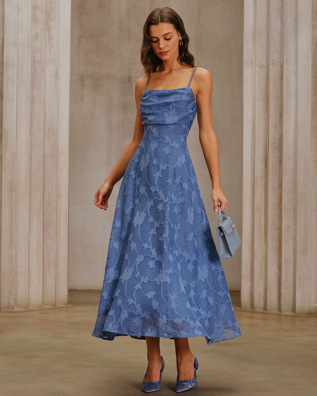 SALE | Blue Jacquard Ruched Slip Maxi Dress