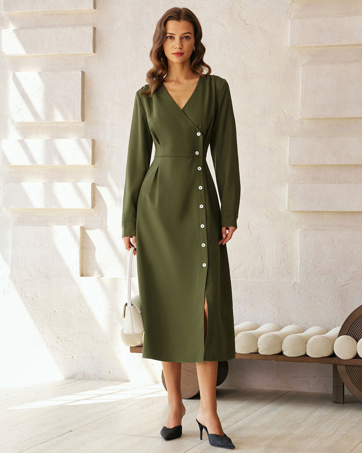 SALE | Green Ruched Button A-Line Maxi Dress