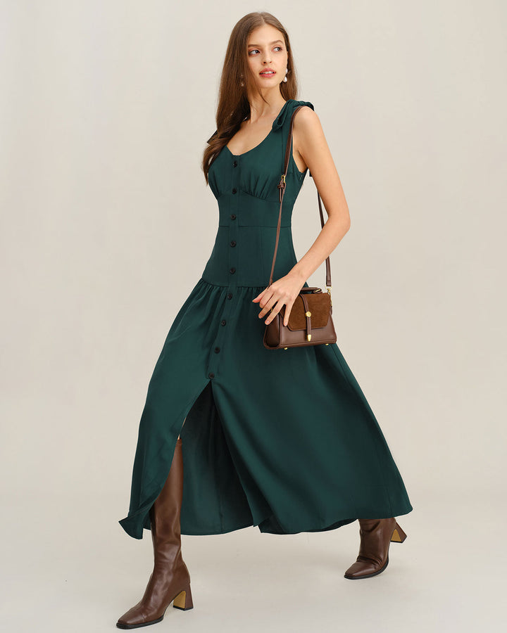SALE | Green Ruched A-Line Sleeveless Maxi Dress