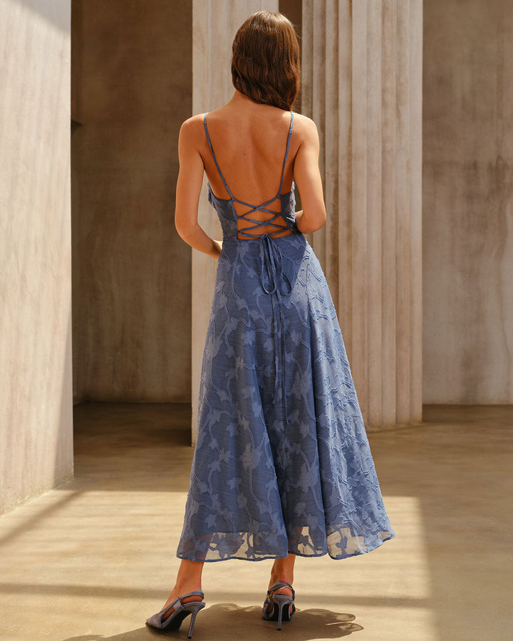 SALE | Blue Jacquard Ruched Slip Maxi Dress
