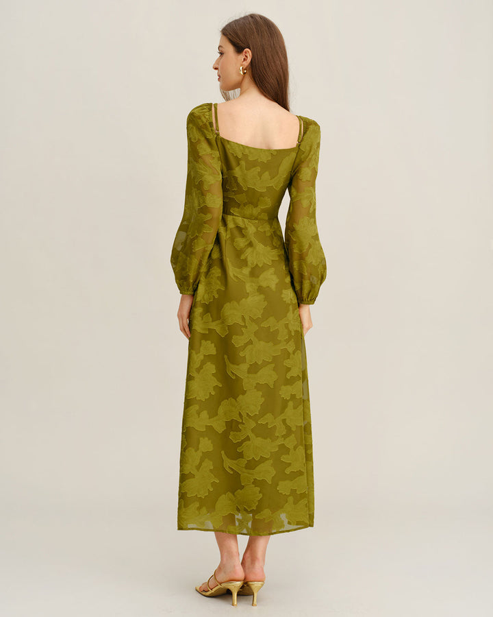 SALE | Green Floral Square Neck A-Line Maxi Dress