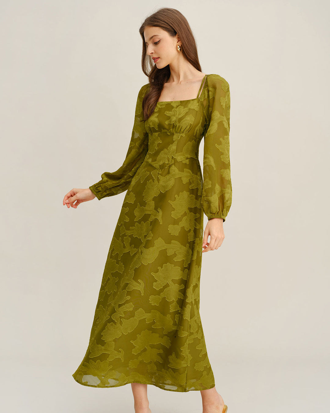 SALE | Green Floral Square Neck A-Line Maxi Dress