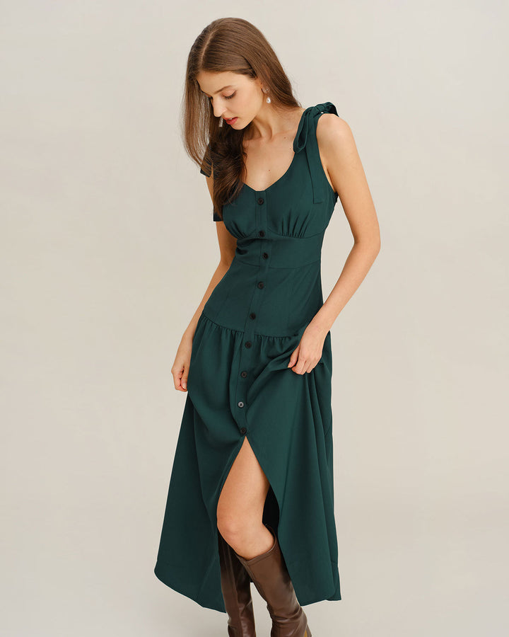 SALE | Green Ruched A-Line Sleeveless Maxi Dress