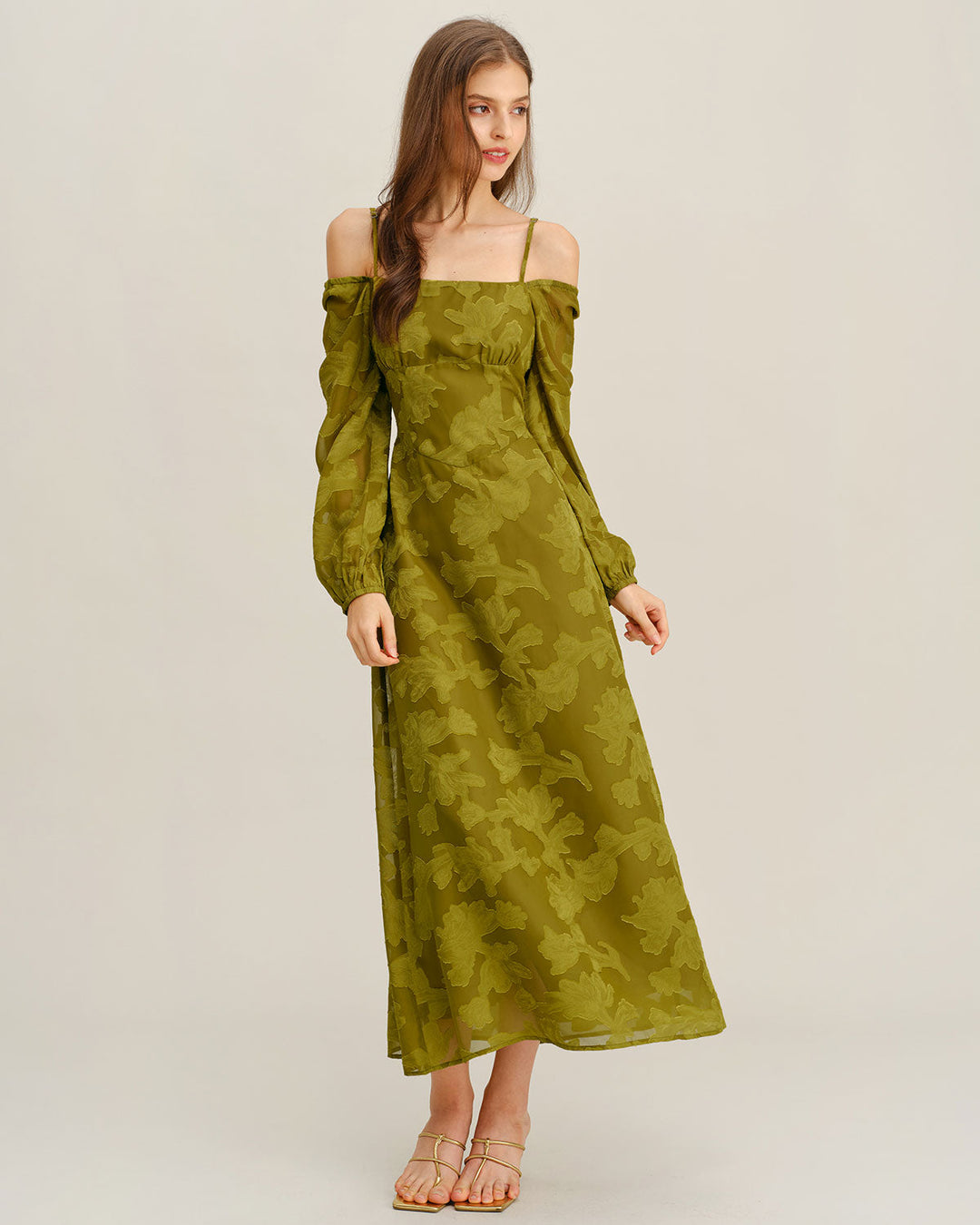 SALE | Green Floral Square Neck A-Line Maxi Dress