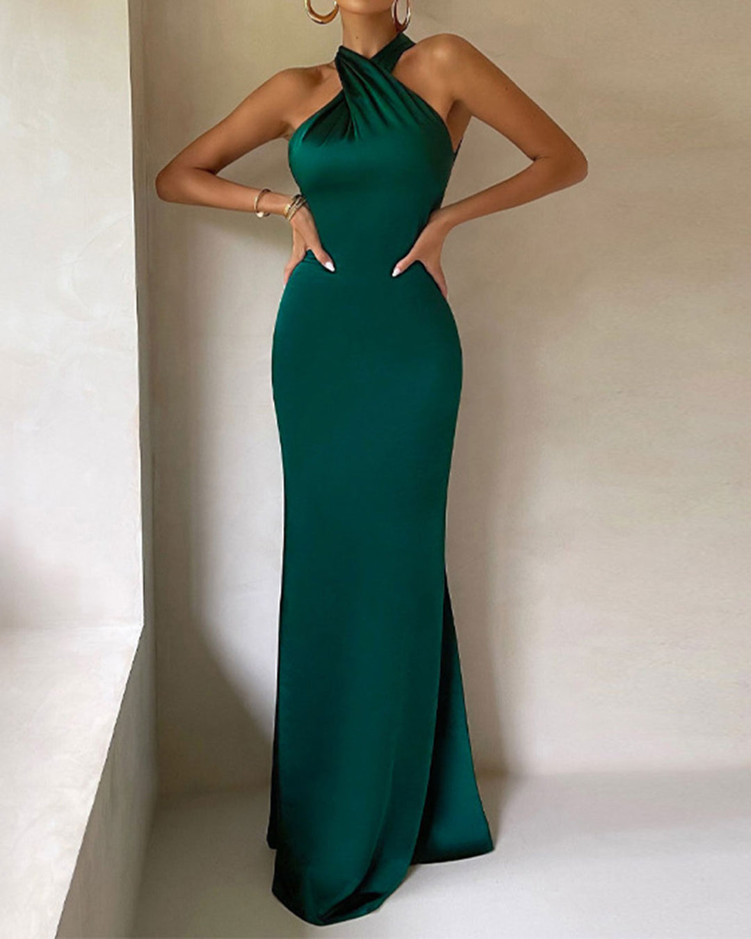 SALE | Green Satin Halter Maxi Dress