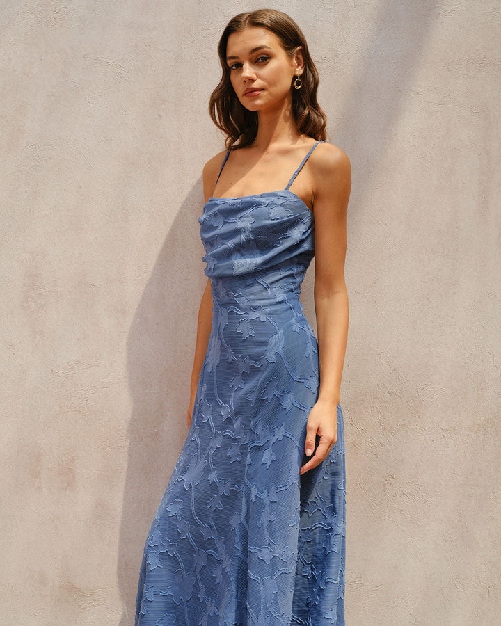 SALE | Blue Jacquard Ruched Slip Maxi Dress