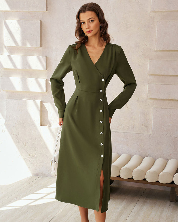 SALE | Green Ruched Button A-Line Maxi Dress