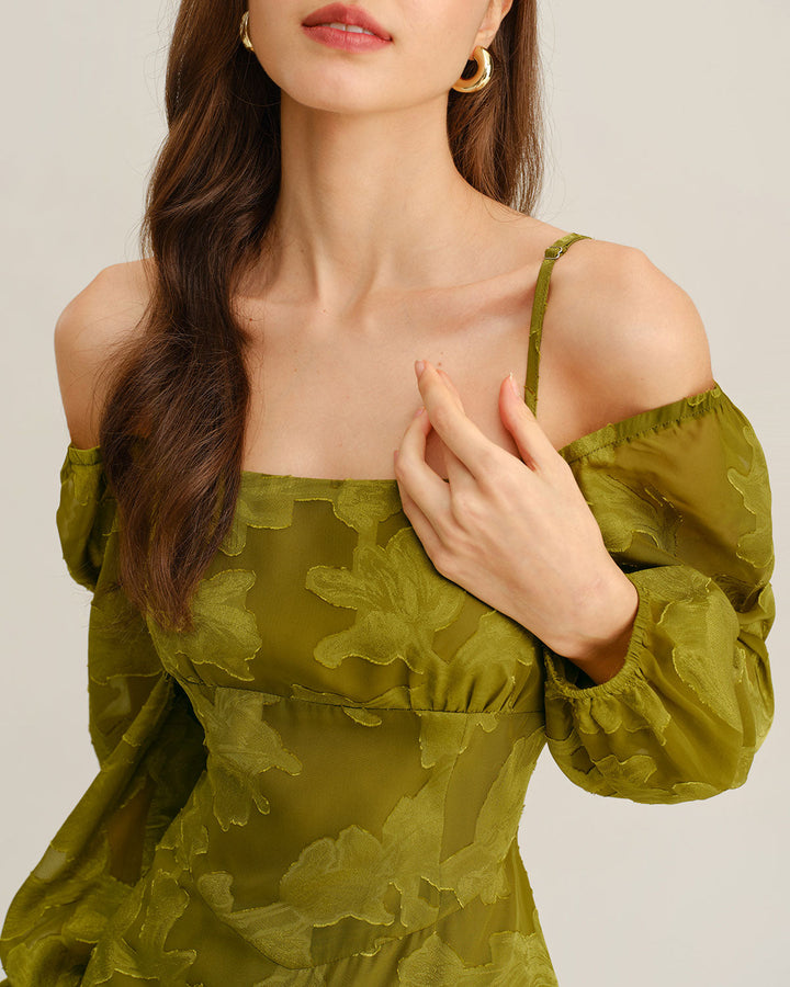 SALE | Green Floral Square Neck A-Line Maxi Dress