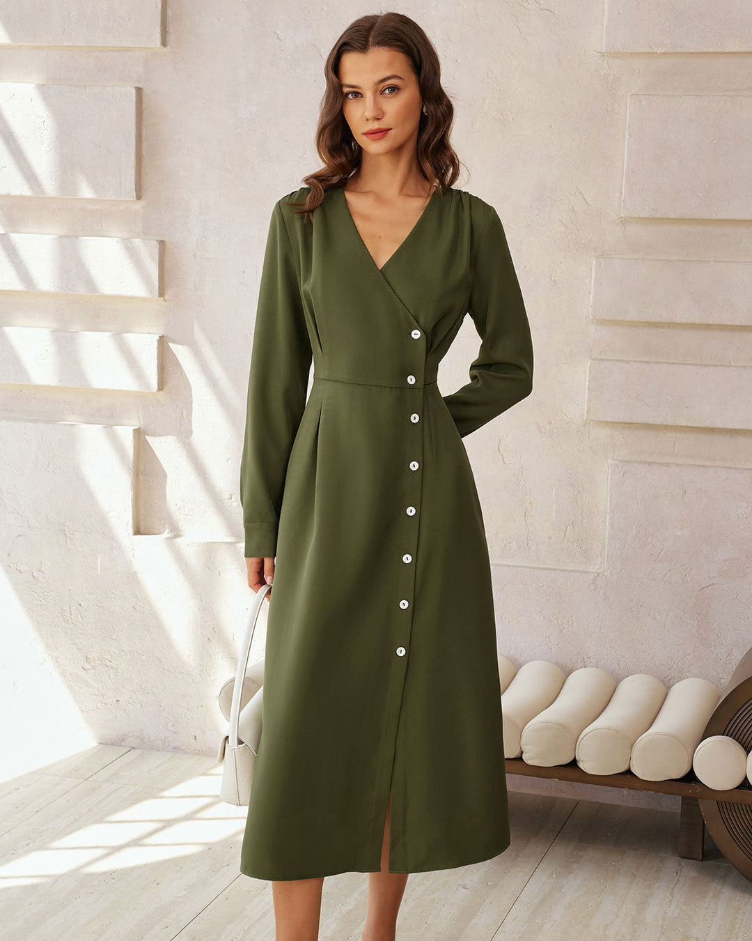 SALE | Green Ruched Button A-Line Maxi Dress