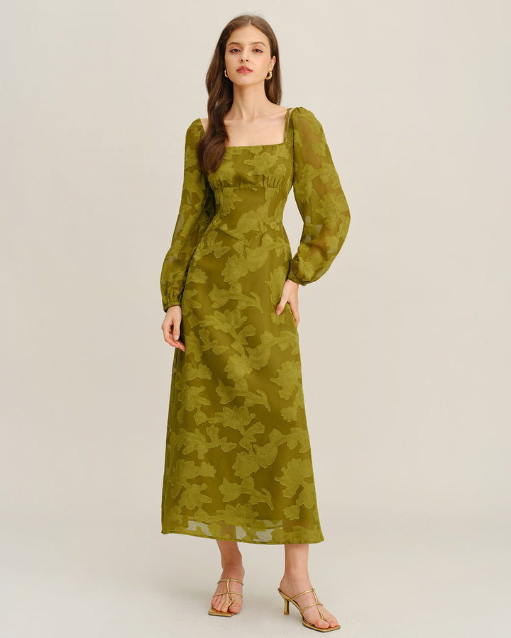 SALE | Green Floral Square Neck A-Line Maxi Dress