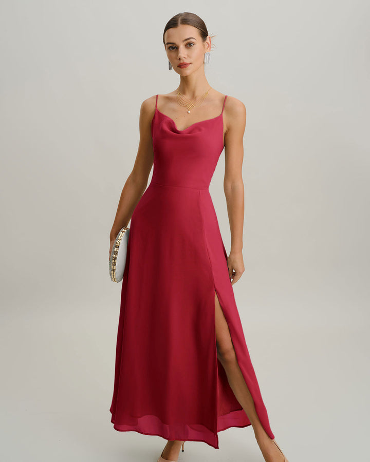 SALE | Wine Red Cowl Neck Slip Maxi Dress