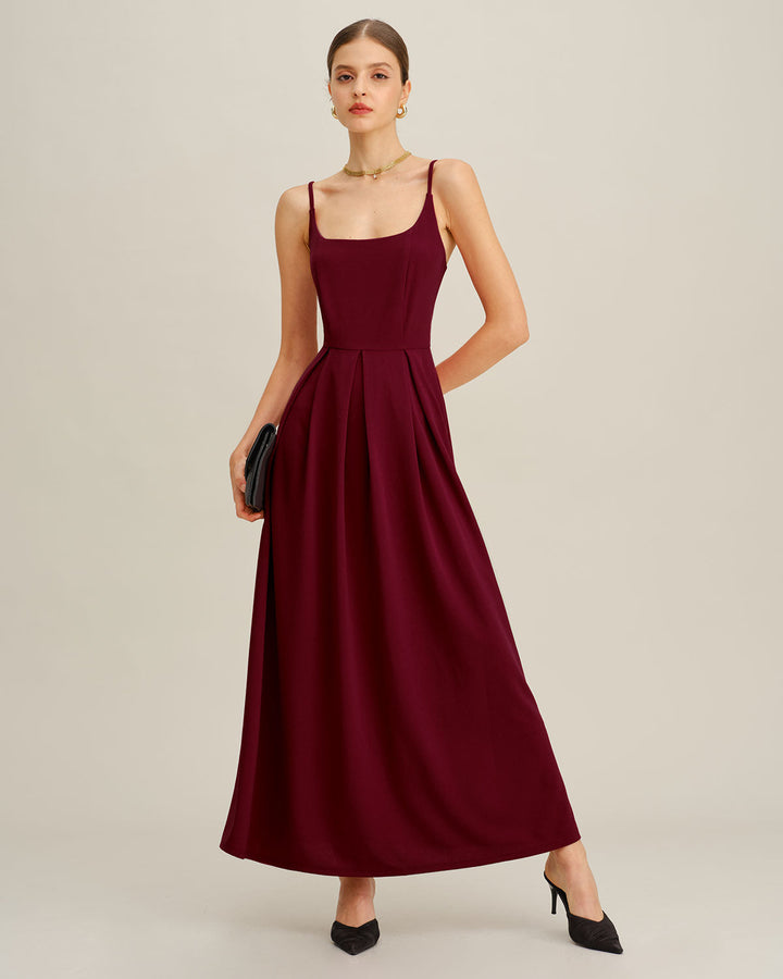 SALE | Wine Red Pleated Slip Maxi Dress