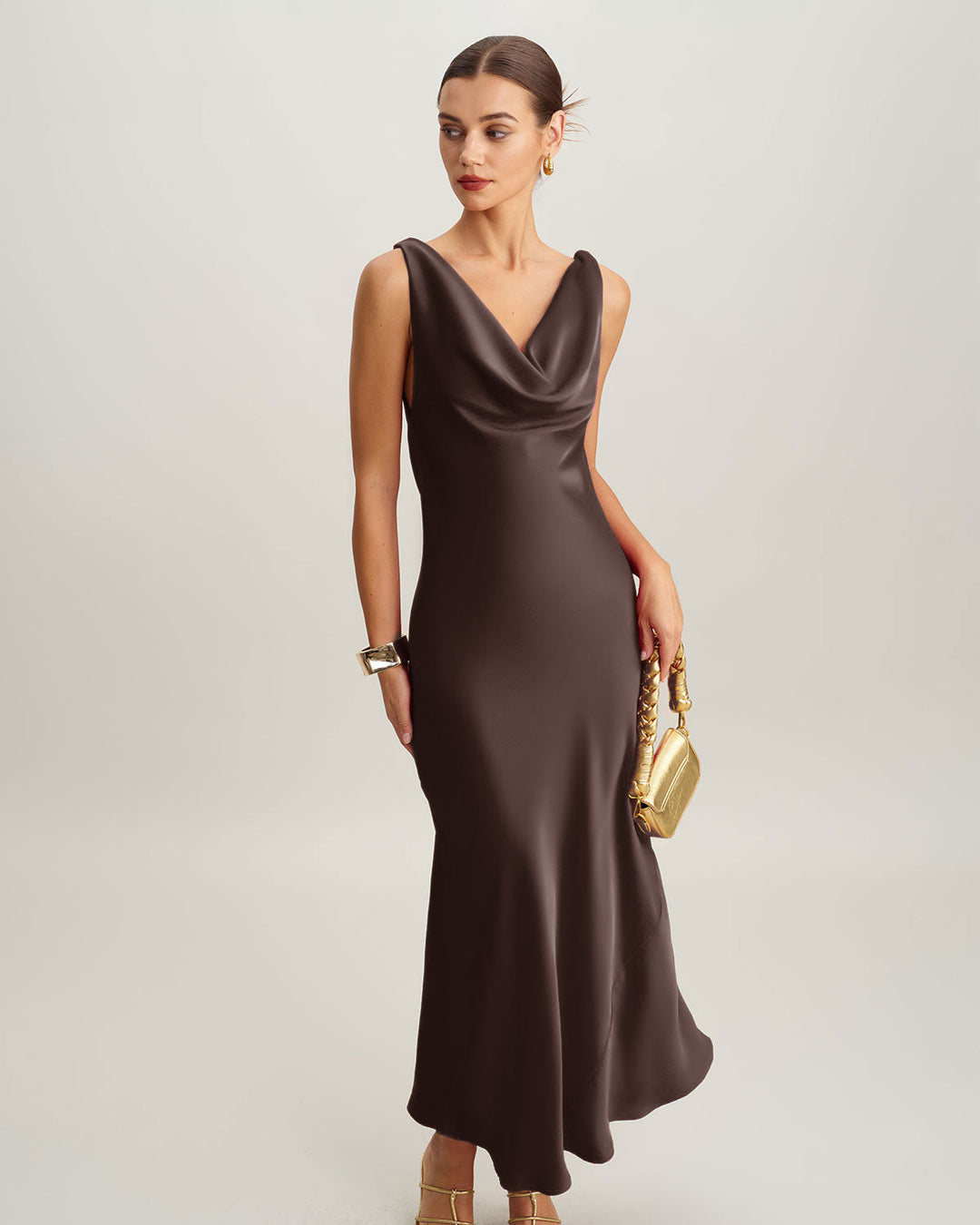SALE | Coffee Satin Cowl Neck Maxi Dress