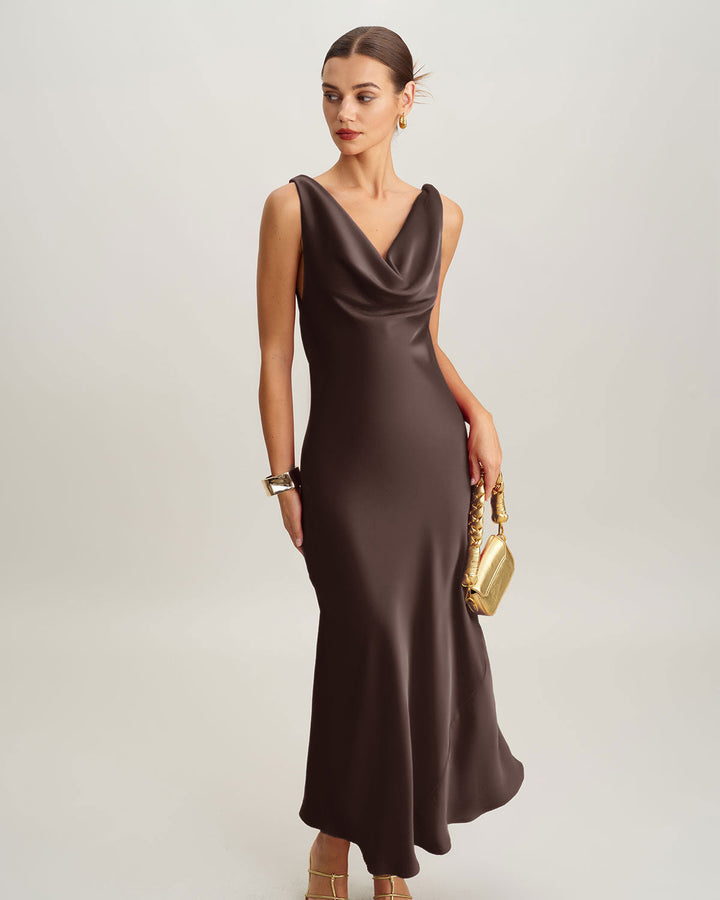 SALE | Coffee Satin Cowl Neck Maxi Dress