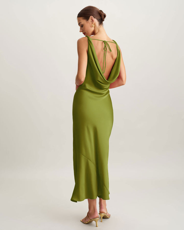 SALE | Green Satin Cowl Neck Maxi Dress