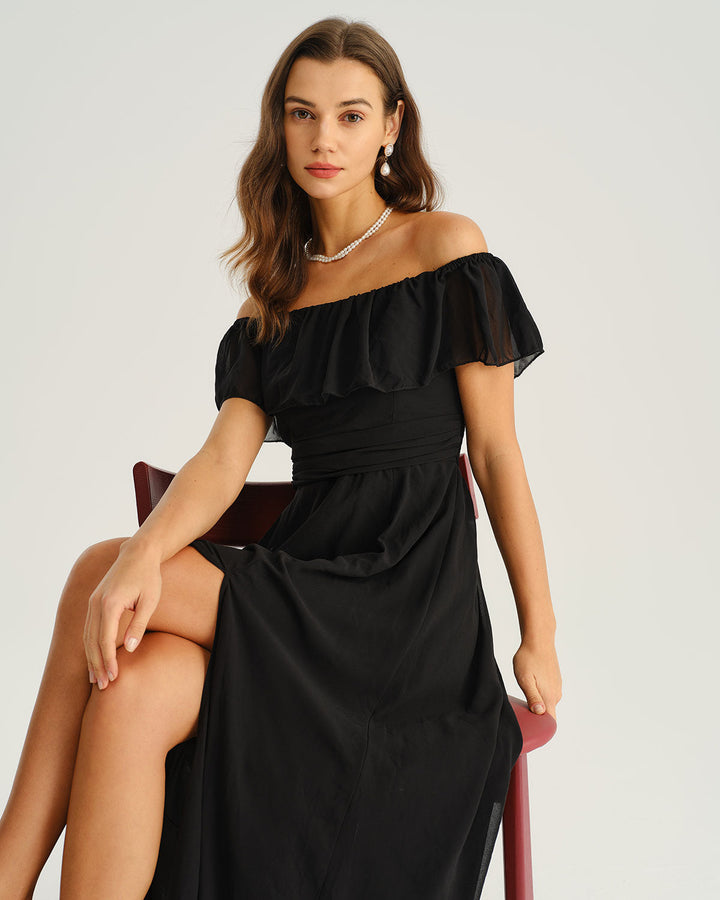 SALE | Black Off The Shoulder A-Line Maxi Dress