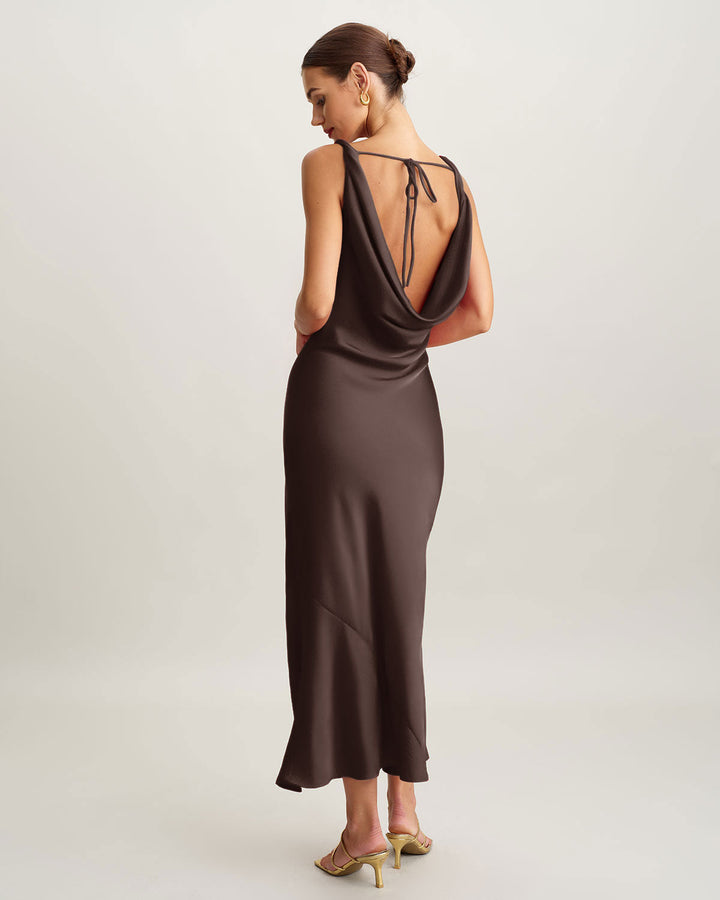 SALE | Coffee Satin Cowl Neck Maxi Dress