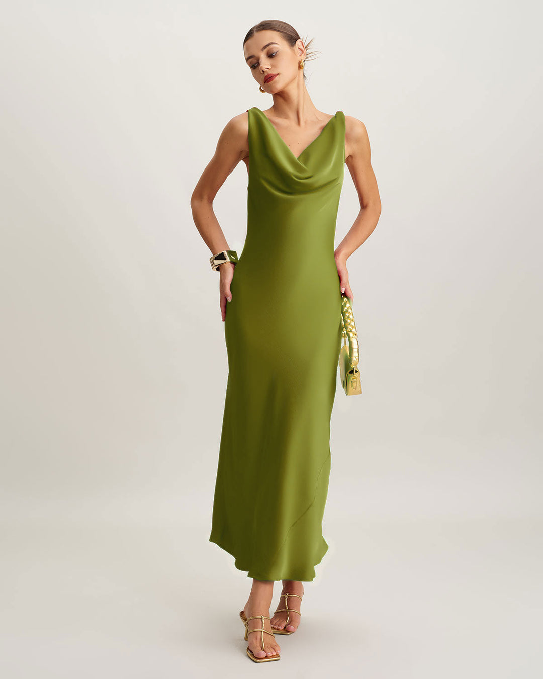 SALE | Green Satin Cowl Neck Maxi Dress