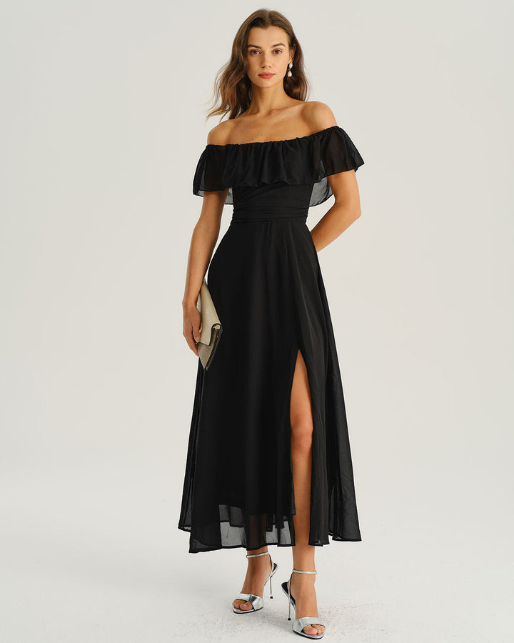 SALE | Black Off The Shoulder A-Line Maxi Dress