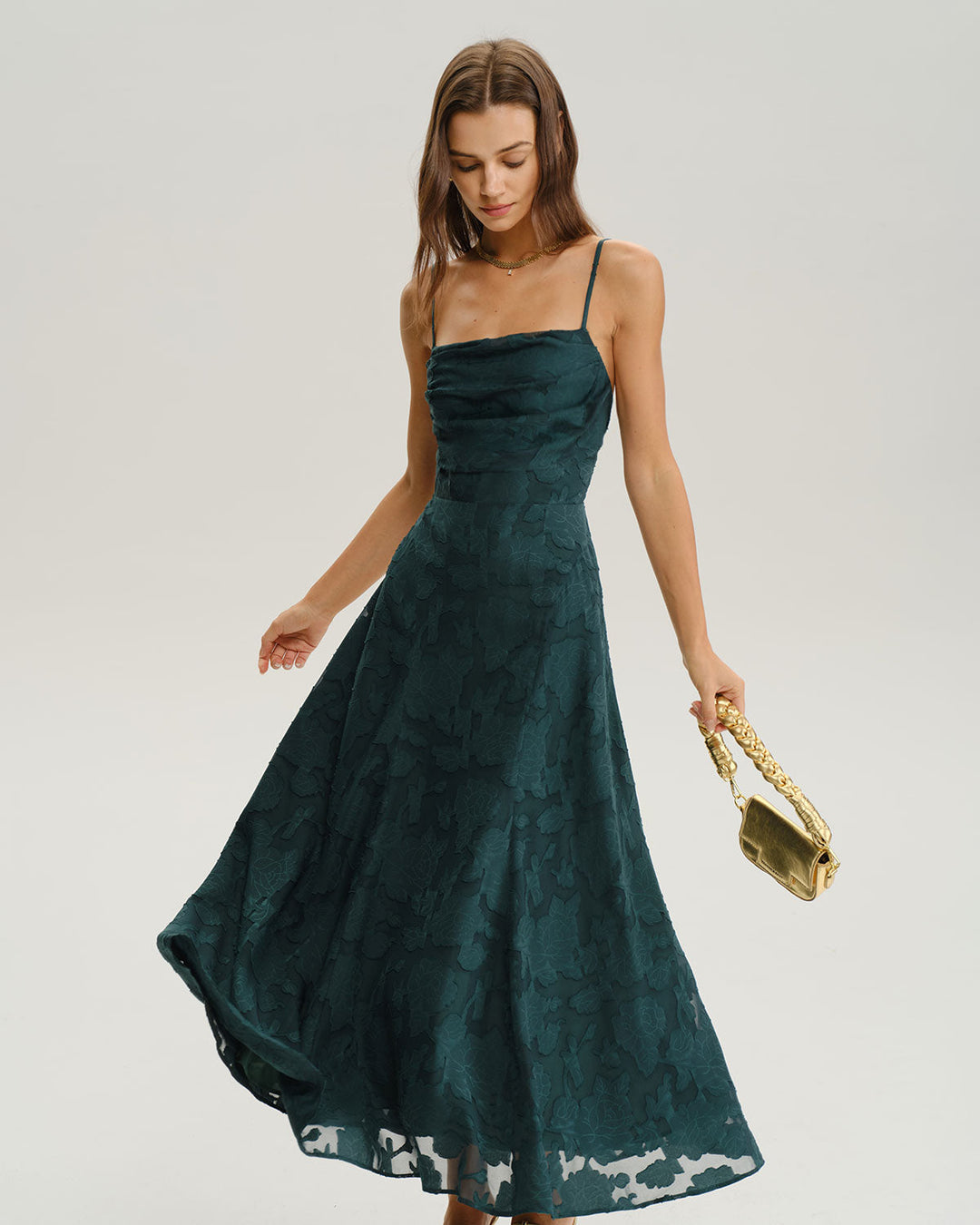 SALE | Green Jacquard A-Line Slip Maxi Dress