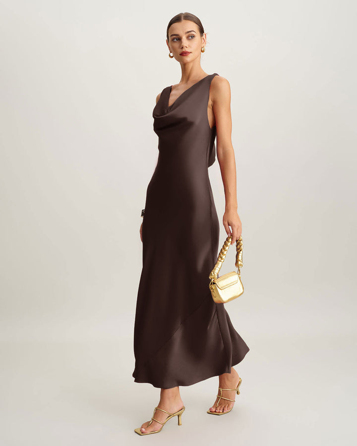 SALE | Coffee Satin Cowl Neck Maxi Dress
