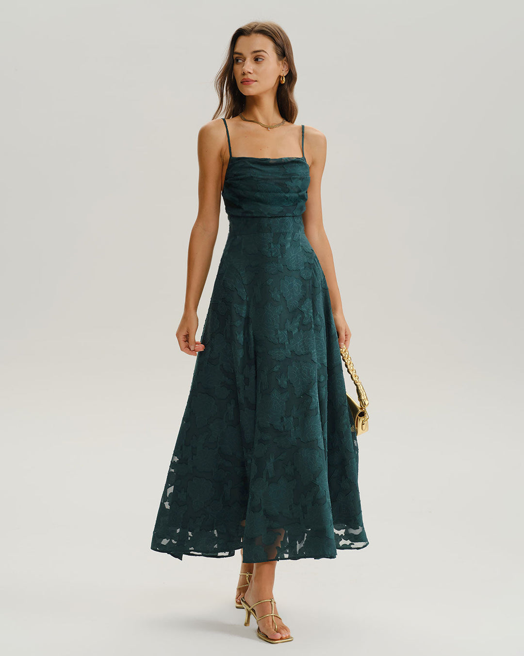 SALE | Green Jacquard A-Line Slip Maxi Dress