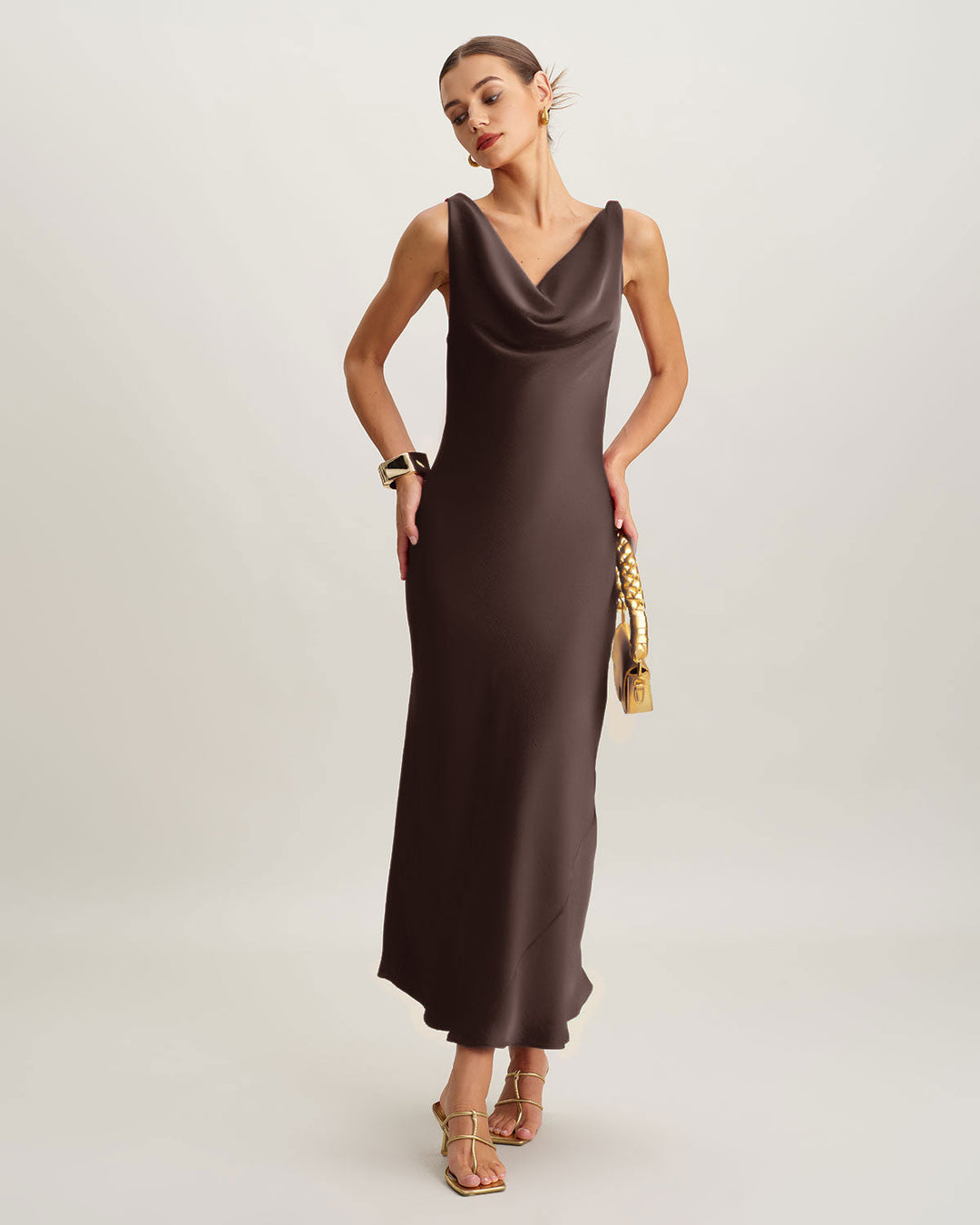 SALE | Coffee Satin Cowl Neck Maxi Dress