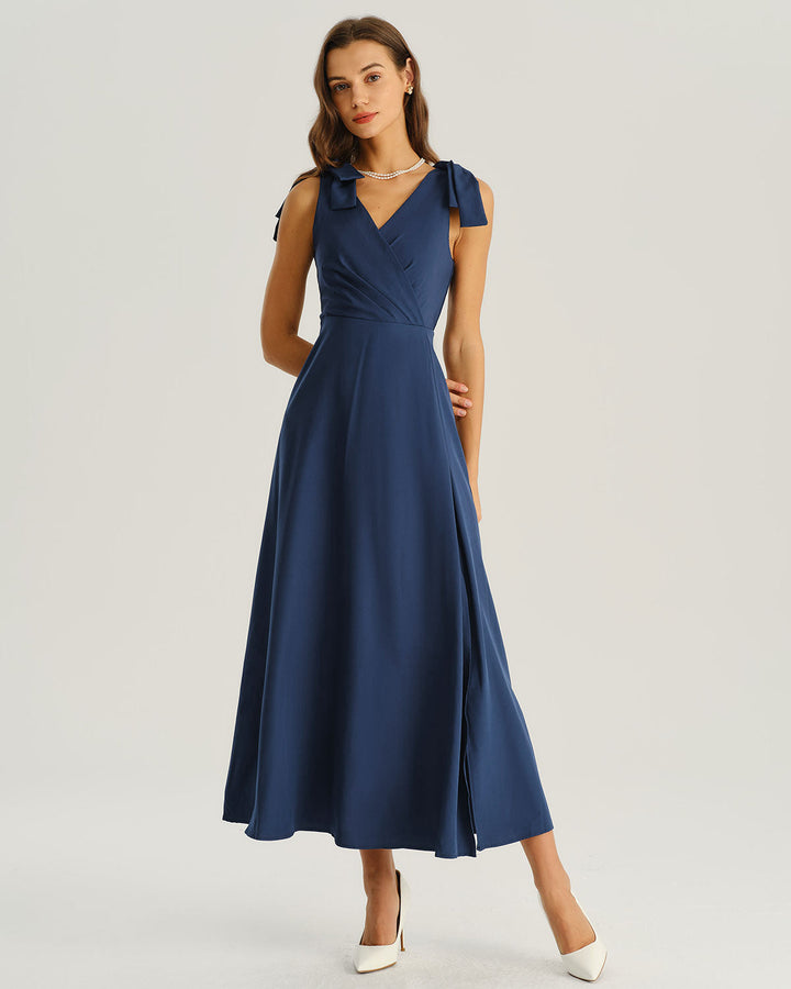 SALE | Navy Ruched Wrap A-Line Maxi Dress