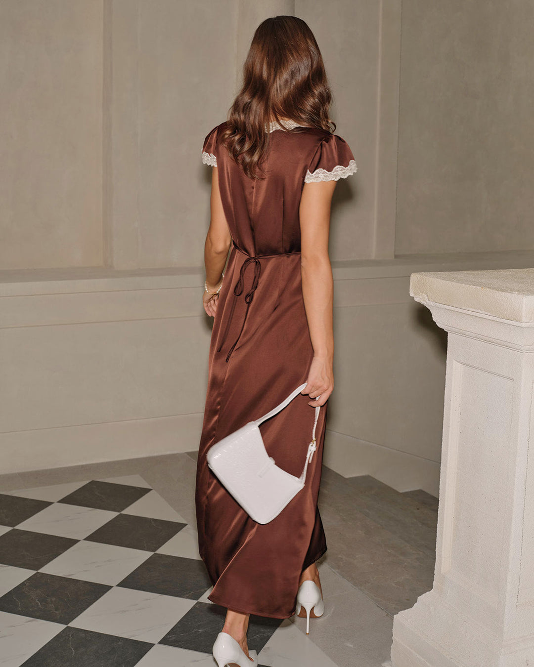 SALE | Brown Satin V Neck Lace Maxi Dress