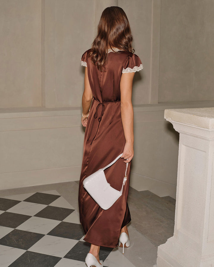 SALE | Brown Satin V Neck Lace Maxi Dress
