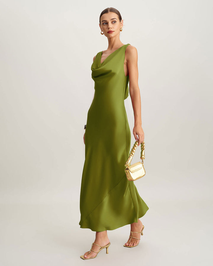 SALE | Green Satin Cowl Neck Maxi Dress