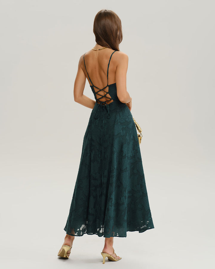 SALE | Green Jacquard A-Line Slip Maxi Dress