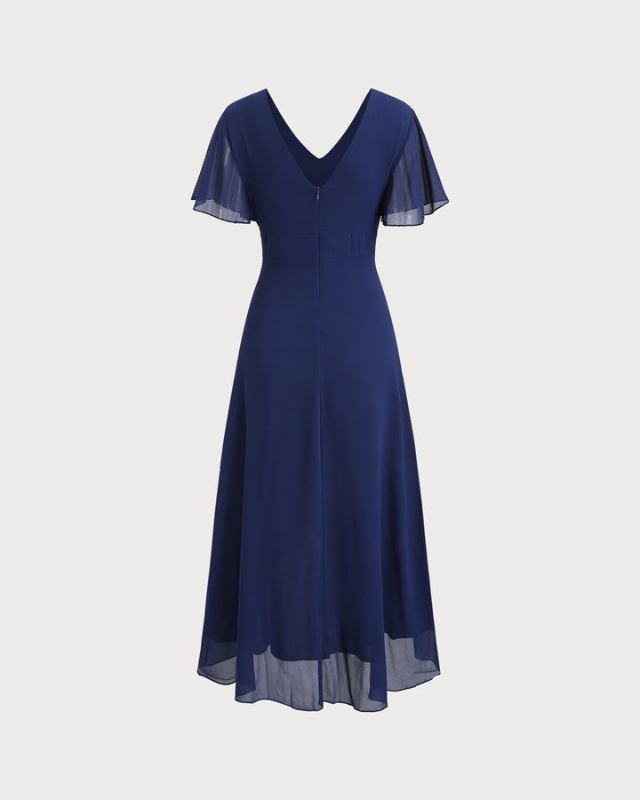 SALE | Navy V Neck A-Line Ruffle Maxi Dress