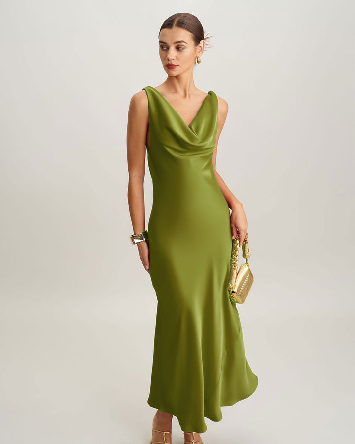 SALE | Green Satin Cowl Neck Maxi Dress