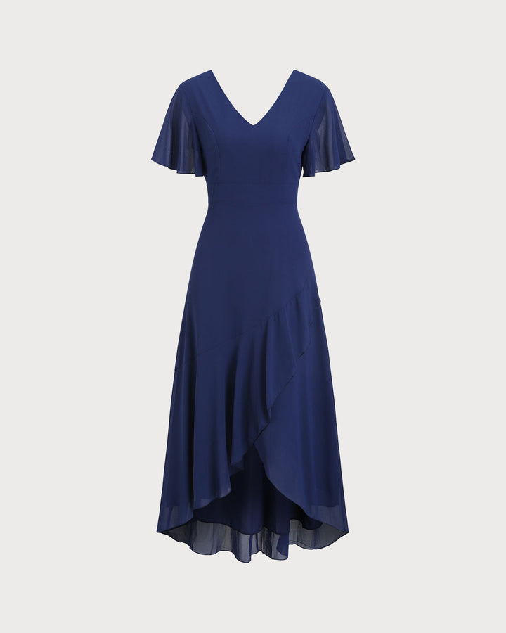 SALE | Navy V Neck A-Line Ruffle Maxi Dress