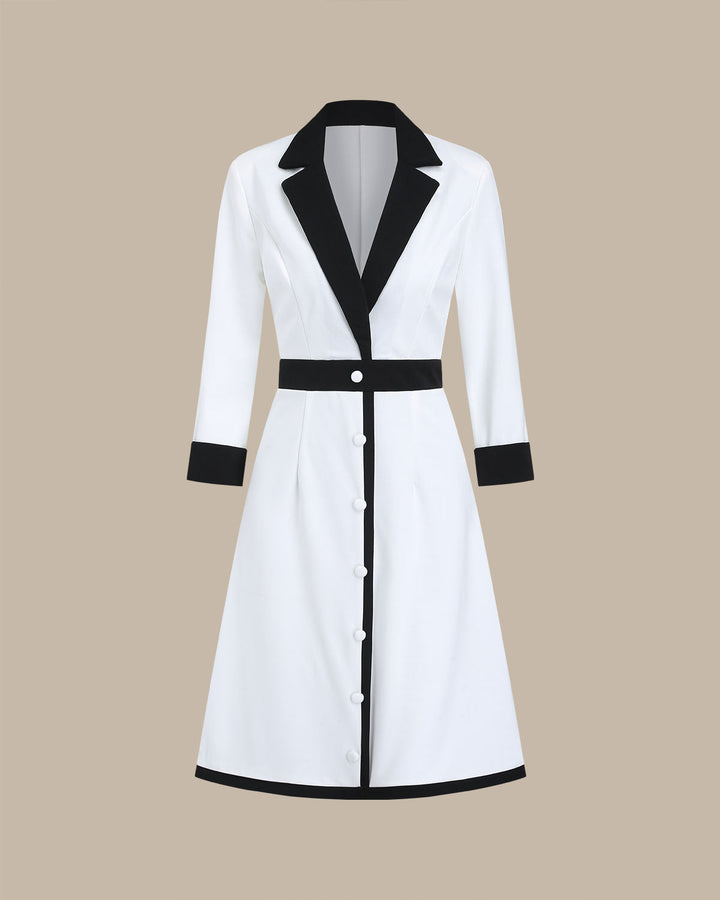 SALE | White Contrasting V Neck Button Midi Dress