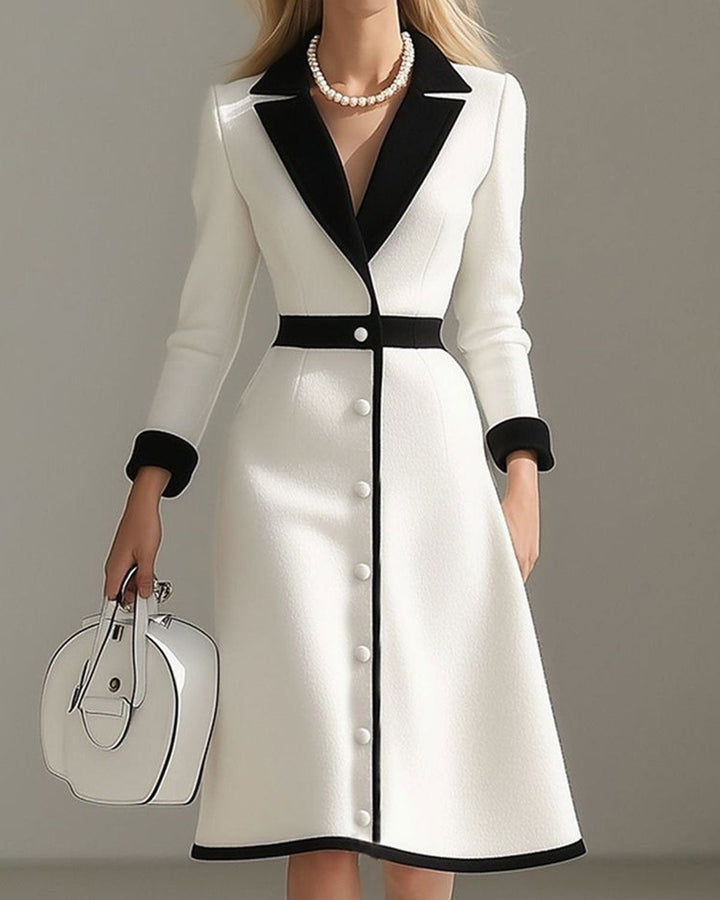 SALE | White Contrasting V Neck Button Midi Dress