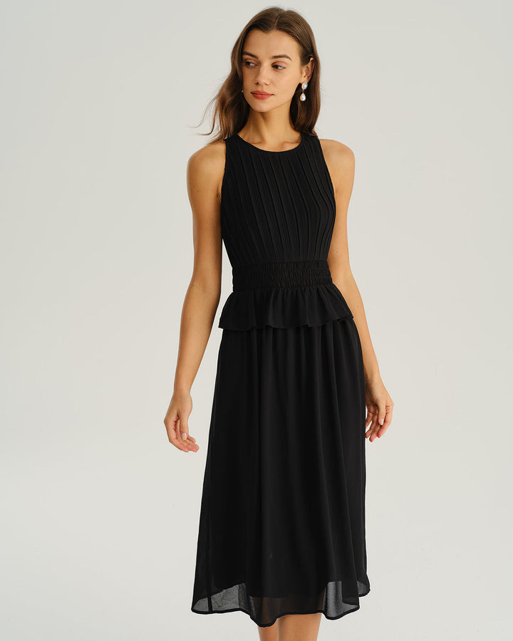 SALE | Black Round Neck A-Line Sleeveless Midi Dress
