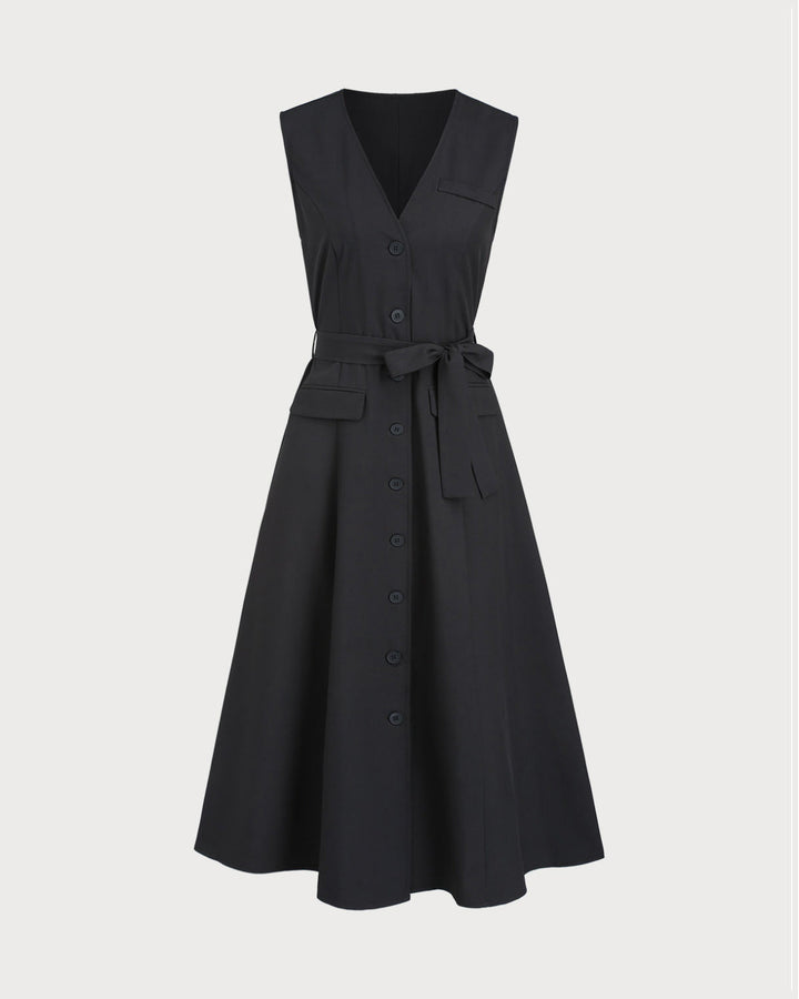 SALE | Black V Neck Belted Sleeveless Midi Dress