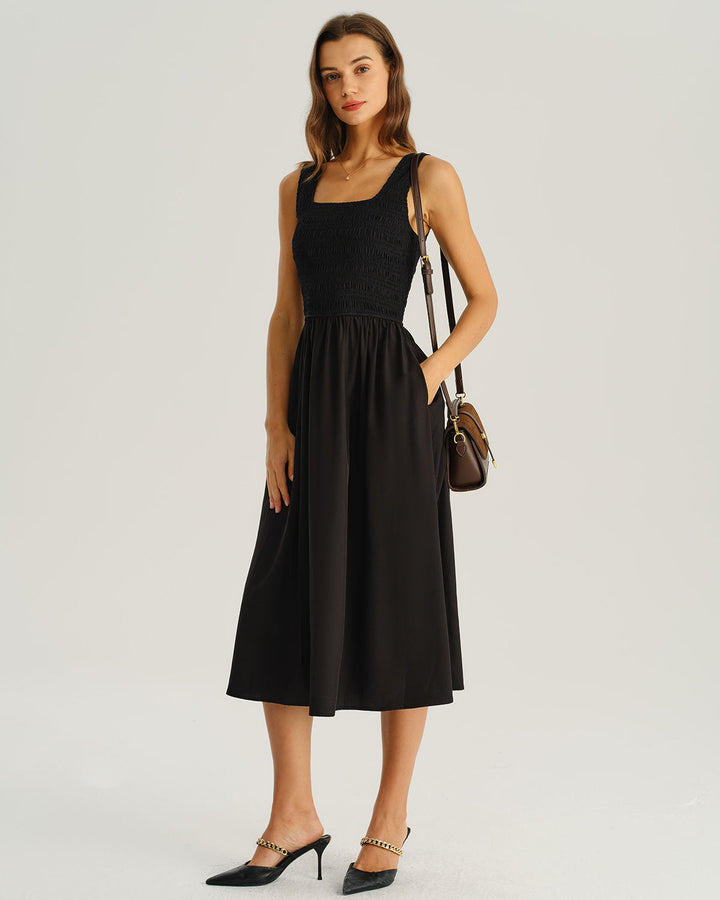 SALE | Black Shirred Sleeveless Midi Dress