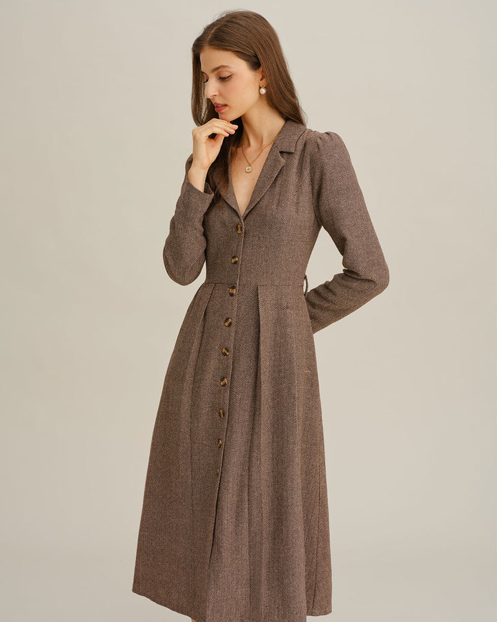 SALE | Brown A-Line Pleated Midi Dress