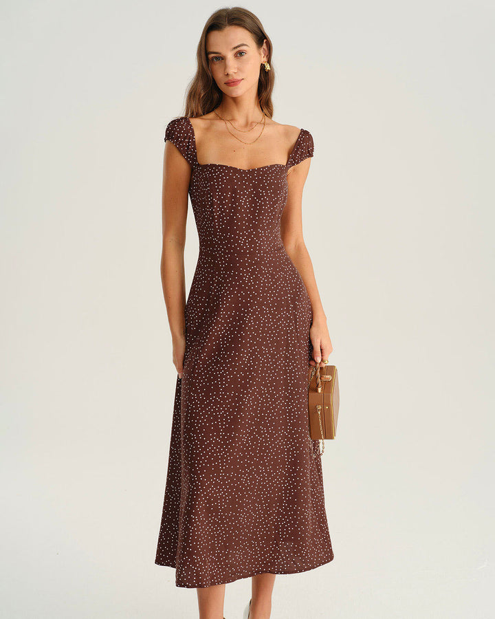 SALE | Brown Polka Dot Cap Sleeve Midi Dress