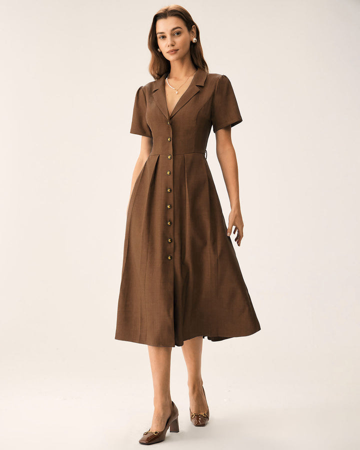 SALE | Brown Pleated A-Line Midi Dress