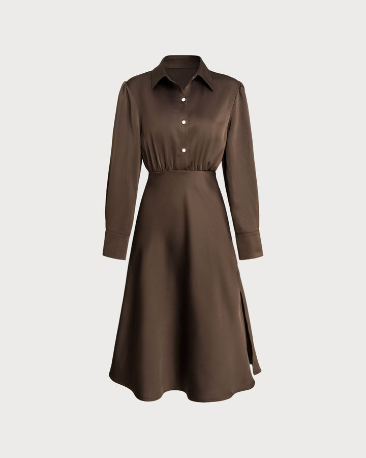 SALE | Coffee Ruched Button Midi Dress