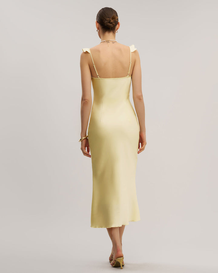 SALE | Yellow V Neck Ruffle Mermaid Midi Dress