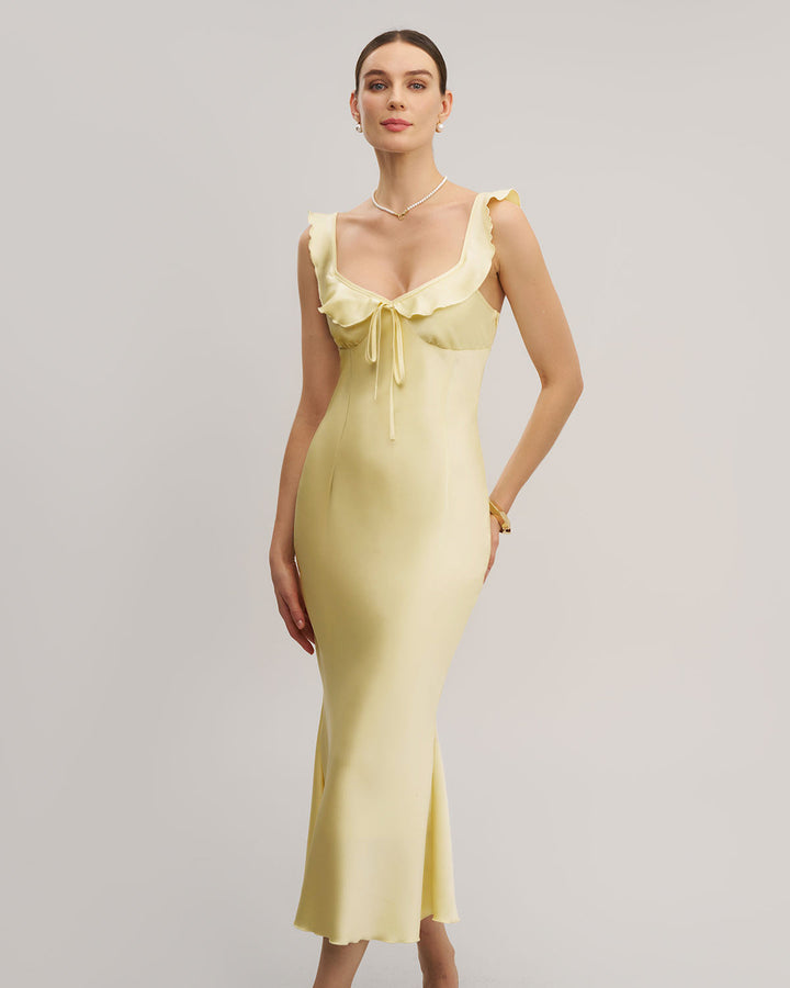 SALE | Yellow V Neck Ruffle Mermaid Midi Dress