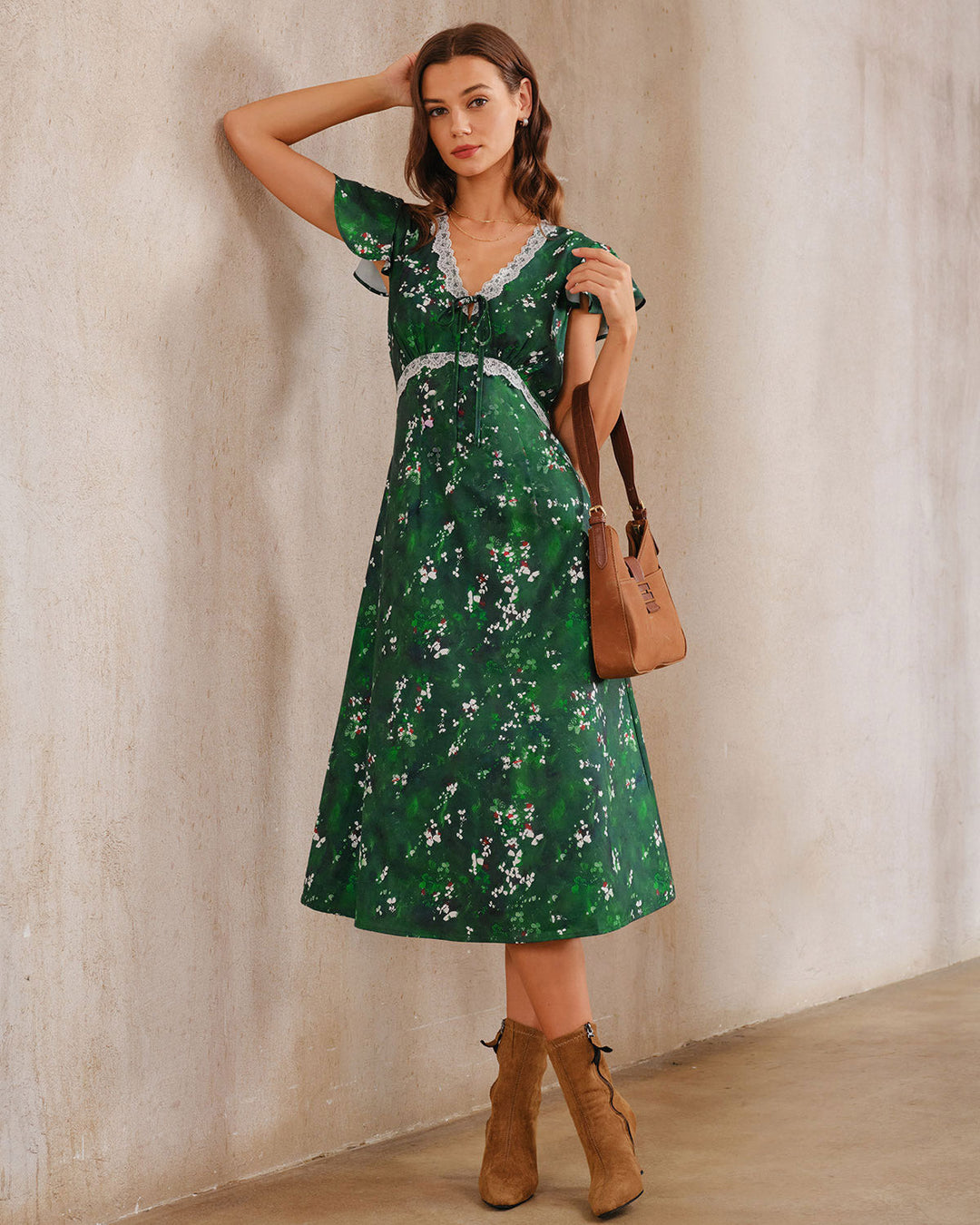 SALE | Green Floral V Neck Ruched Midi Dress