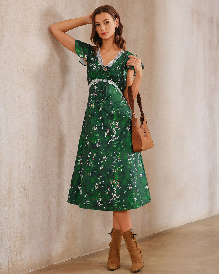 SALE | Green Floral V Neck Ruched Midi Dress
