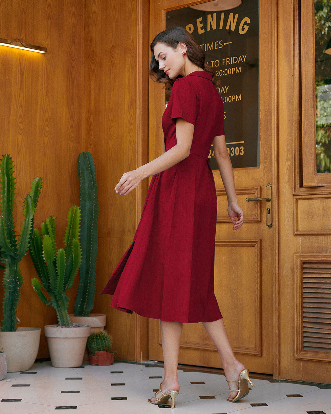SALE | Red A-Line Pleated Button Midi Dress